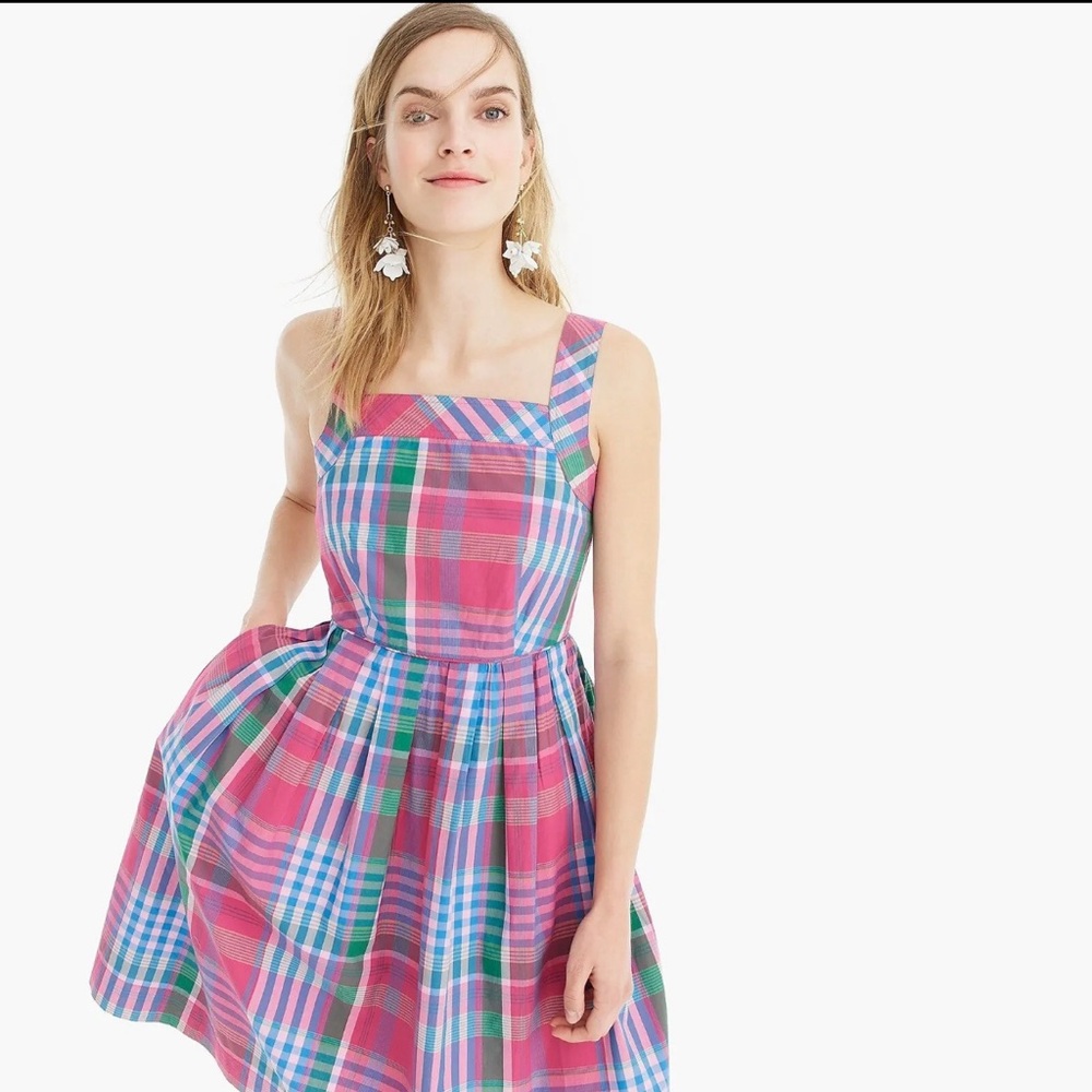 J. Crew Pink Blue Green Plaid Midi Dress